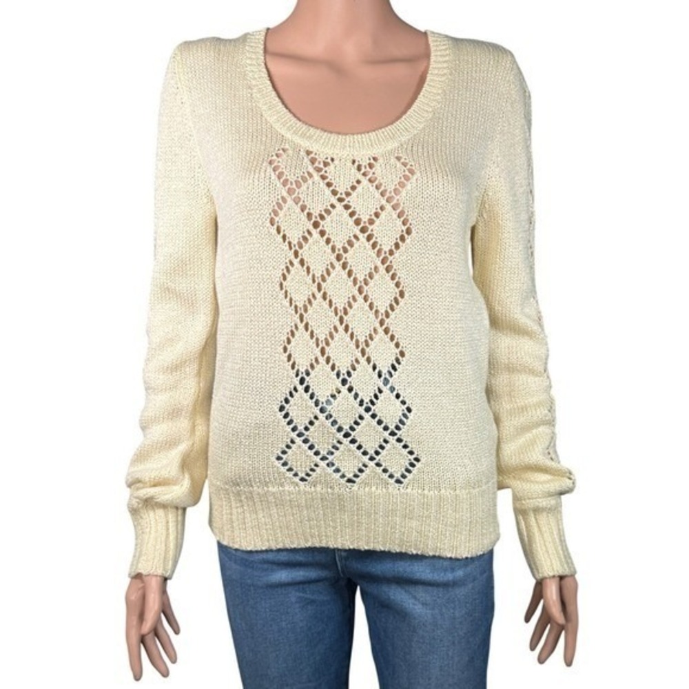 Kenneth Cole New York Ivory Pointelle Open Knit Sweater L 25H7558 Scoop Neck